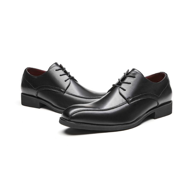 Sapatos Formais Masculinos Derby Com Cadarço Bico Fino Sola Macia Couro Vaca - Preto