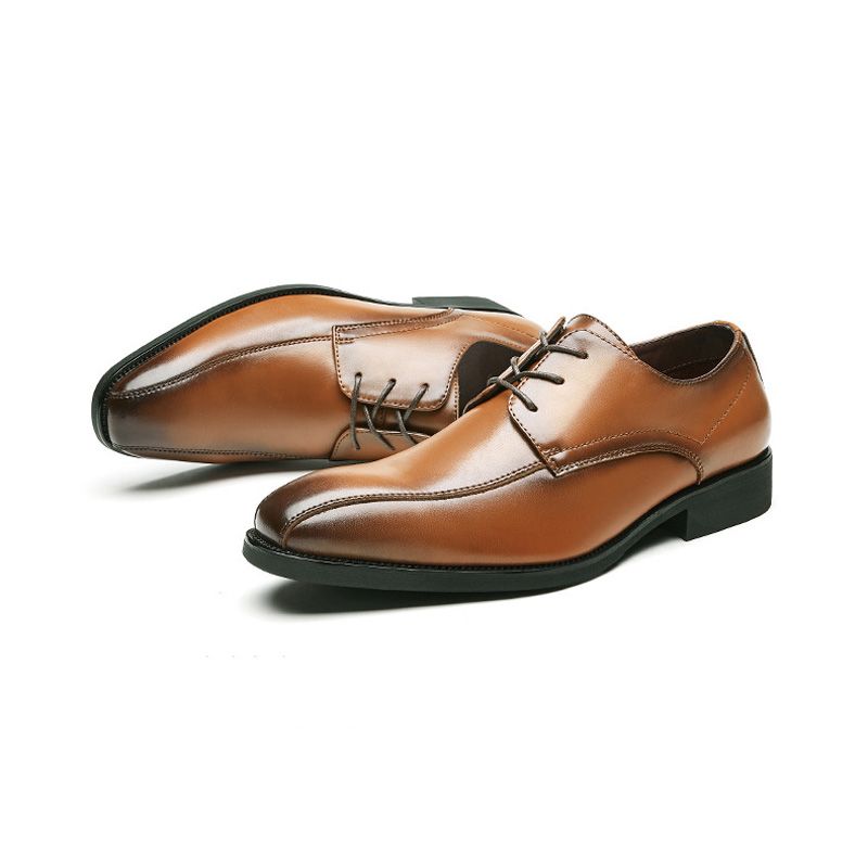 Sapatos Formais Masculinos Derby Com Cadarço Bico Fino Sola Macia Couro Vaca - Marrom