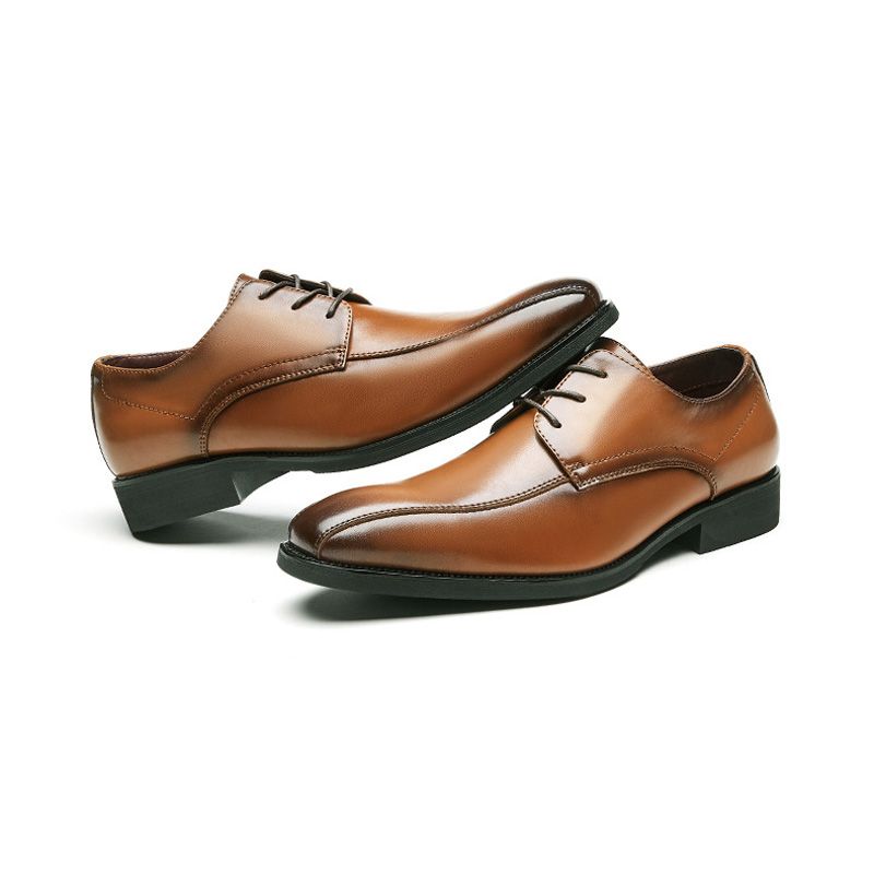 Sapatos Formais Masculinos Derby Com Cadarço Bico Fino Sola Macia Couro Vaca - Marrom