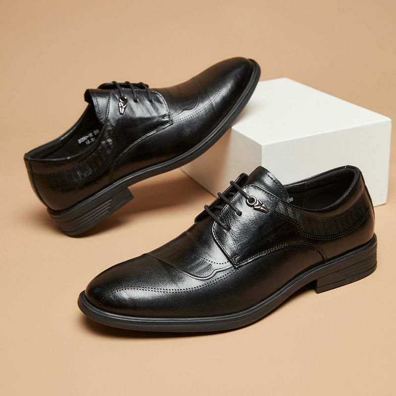 Sapatos Formais Masculinos Feitos À Mão Derby Couro Vaca Sola Macia Respirável 3 Ilhós - Preto