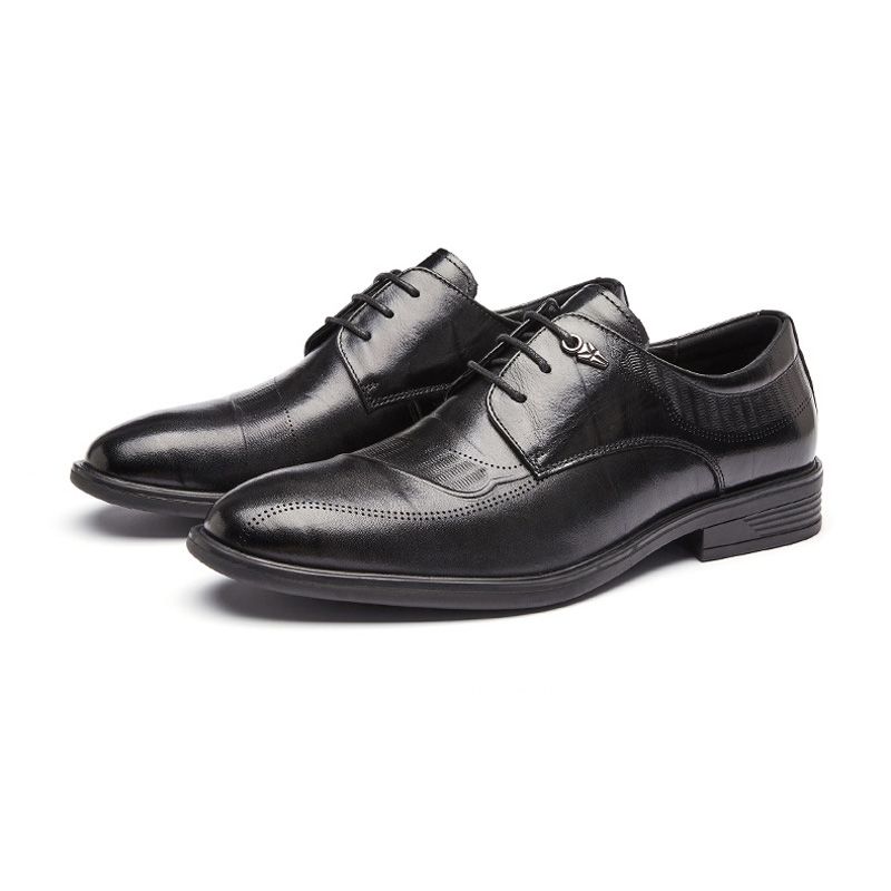 Sapatos Formais Masculinos Feitos À Mão Derby Couro Vaca Sola Macia Respirável 3 Ilhós - Preto