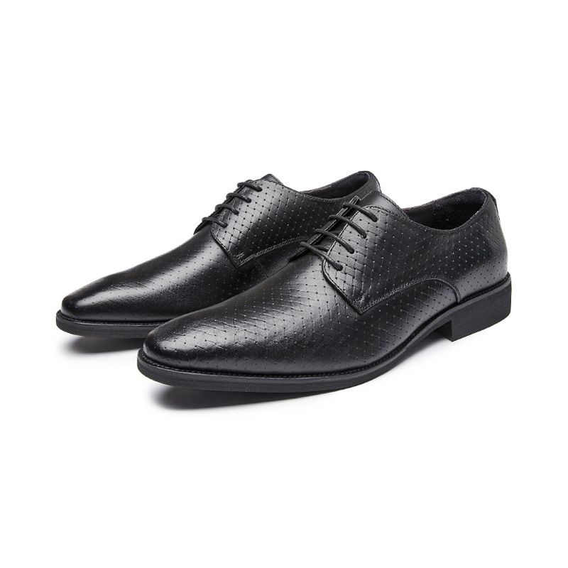 Sapatos Formais Masculinos Feitos À Mão Em Couro Vaca Com Cordões E Derby Respiráveis - Preto