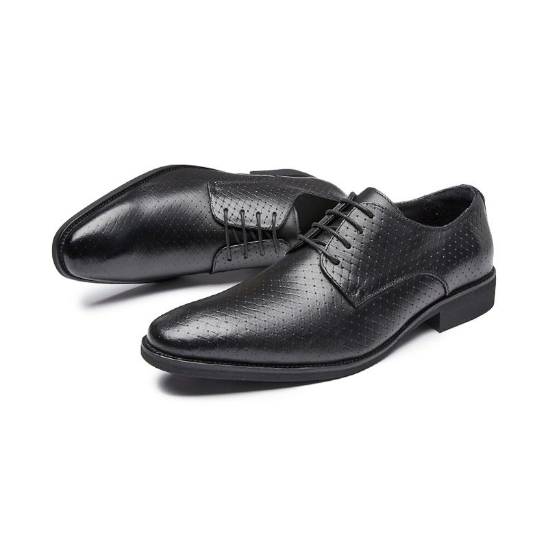 Sapatos Formais Masculinos Feitos À Mão Em Couro Vaca Com Cordões E Derby Respiráveis - Preto