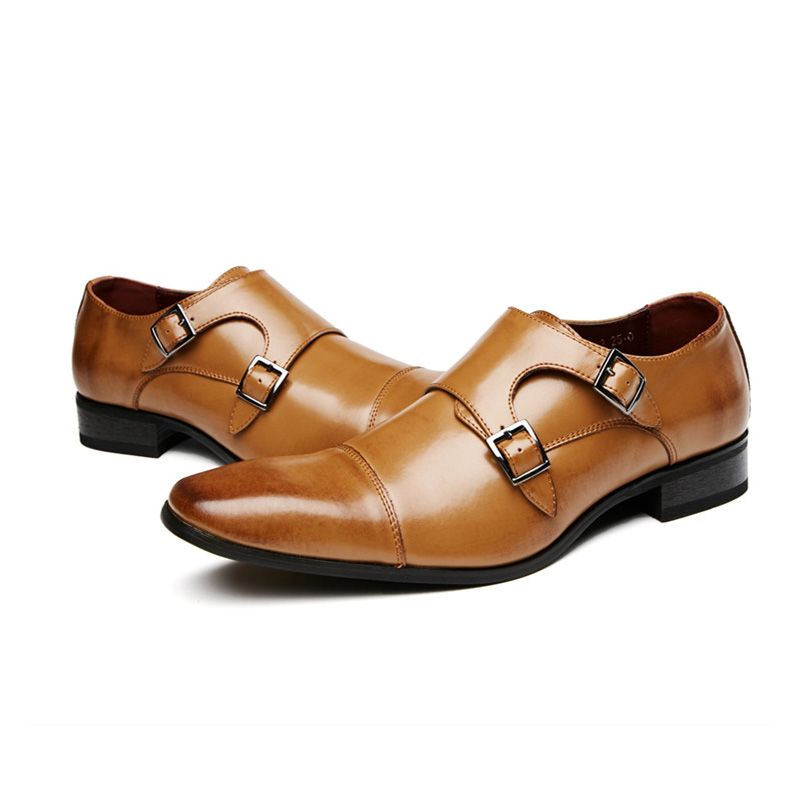 Sapatos Formais Masculinos Fivela Monk Couro Vaca Cinzelado Toe