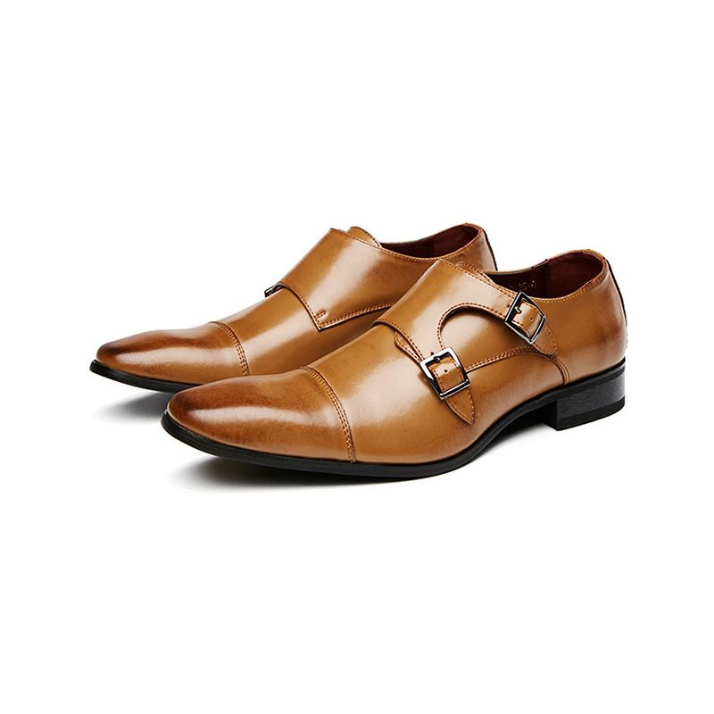 Sapatos Formais Masculinos Fivela Monk Couro Vaca Cinzelado Toe - Marrom