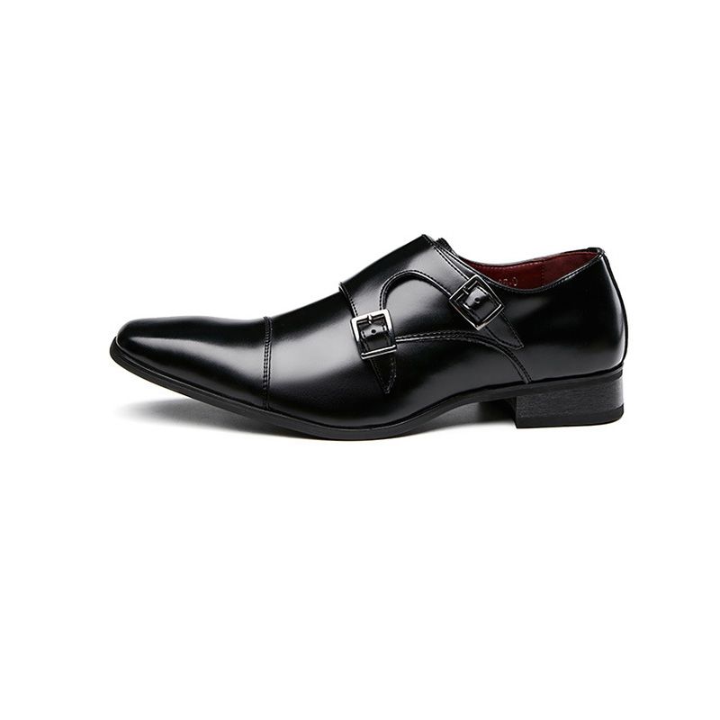 Sapatos Formais Masculinos Fivela Monk Couro Vaca Cinzelado Toe - Preto