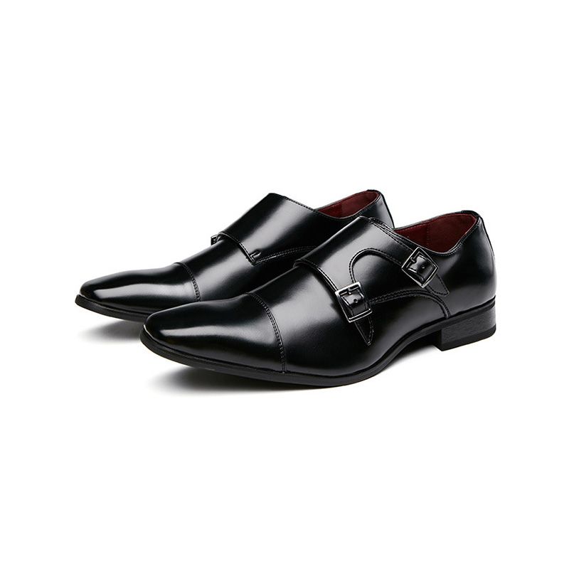 Sapatos Formais Masculinos Fivela Monk Couro Vaca Cinzelado Toe - Preto