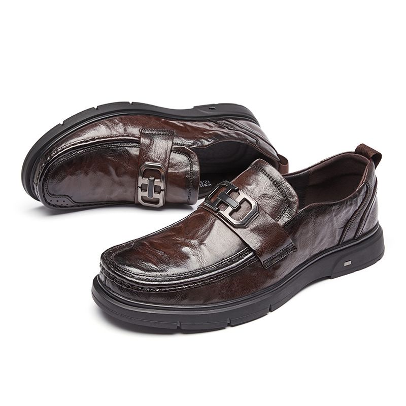 Sapatos Formais Masculinos Mocassim Retro Dedo Do Pé Redondo Couro Vaca Fivela Metal