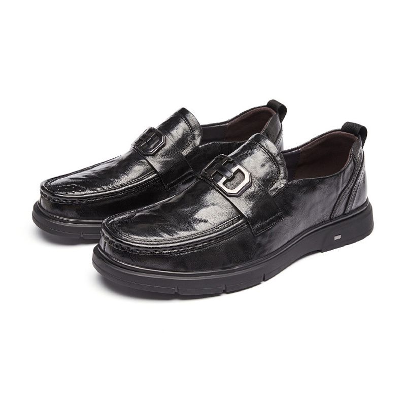 Sapatos Formais Masculinos Mocassim Retro Dedo Do Pé Redondo Couro Vaca Fivela Metal - Preto