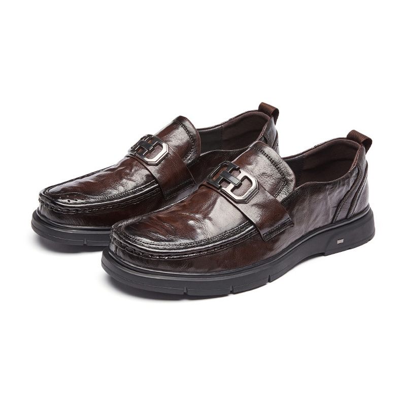 Sapatos Formais Masculinos Mocassim Retro Dedo Do Pé Redondo Couro Vaca Fivela Metal - Marrom