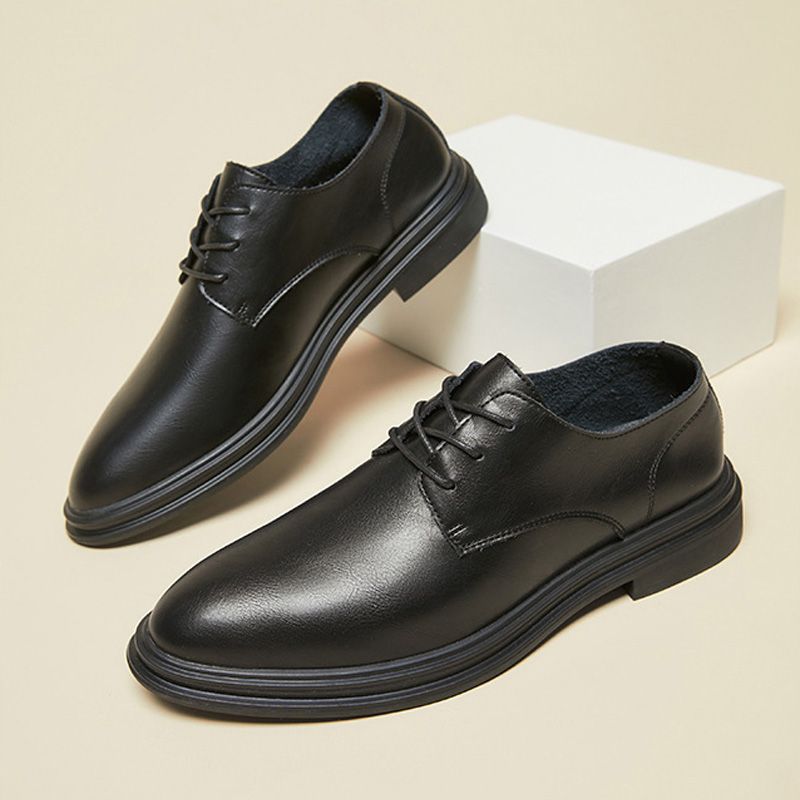 Sapatos Formais Masculinos Oxford Bico Fino Couro Vaca Com Cadarço E 3 Ilhós - Preto