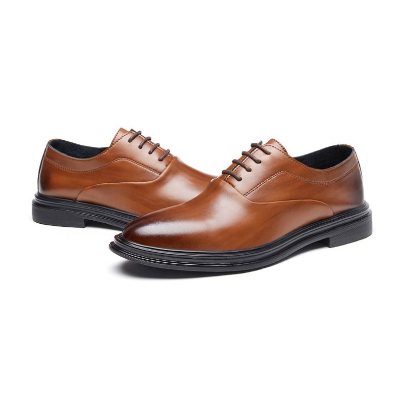 Sapatos Formais Masculinos Oxford Bico Fino Couro Vaca Com Cadarço E 3 Ilhós - Marrom