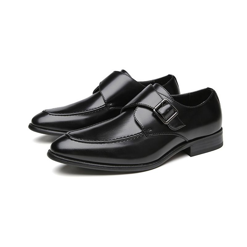 Sapatos Monk Masculinos Formais Fivela Couro Microfibra Dedo Apontado - Preto