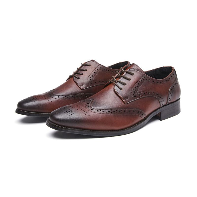 Sapatos Sociais Masculinos Brogue Bico Fino Couro Vaca Esculpido Derby Com Cadarço E 4 Ilhós