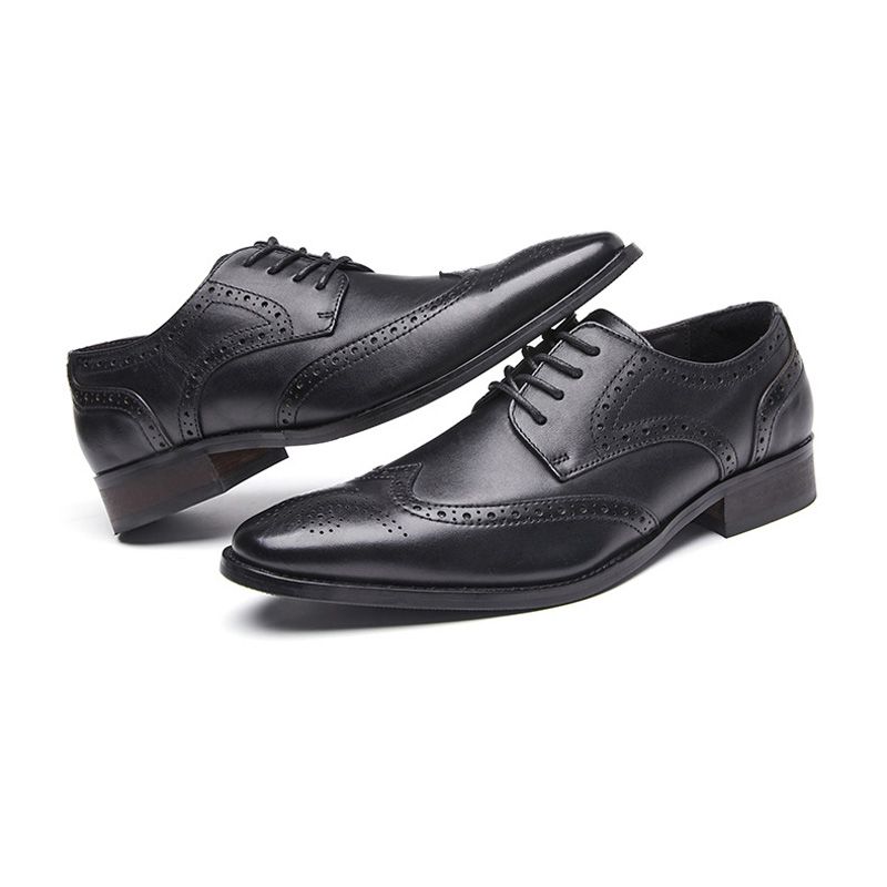 Sapatos Sociais Masculinos Brogue Bico Fino Couro Vaca Esculpido Derby Com Cadarço E 4 Ilhós - Preto