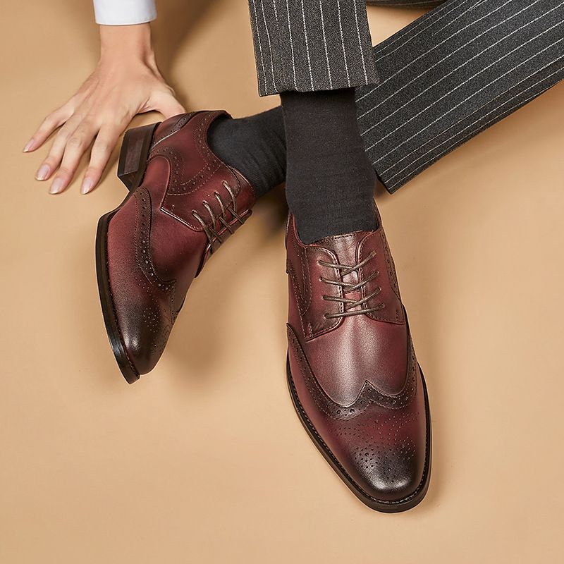 Sapatos Sociais Masculinos Brogue Bico Fino Couro Vaca Esculpido Derby Com Cadarço E 4 Ilhós - Marrom