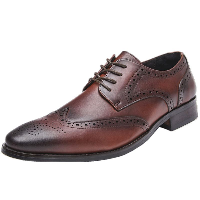 Sapatos Sociais Masculinos Brogue Bico Fino Couro Vaca Esculpido Derby Com Cadarço E 4 Ilhós - Marrom