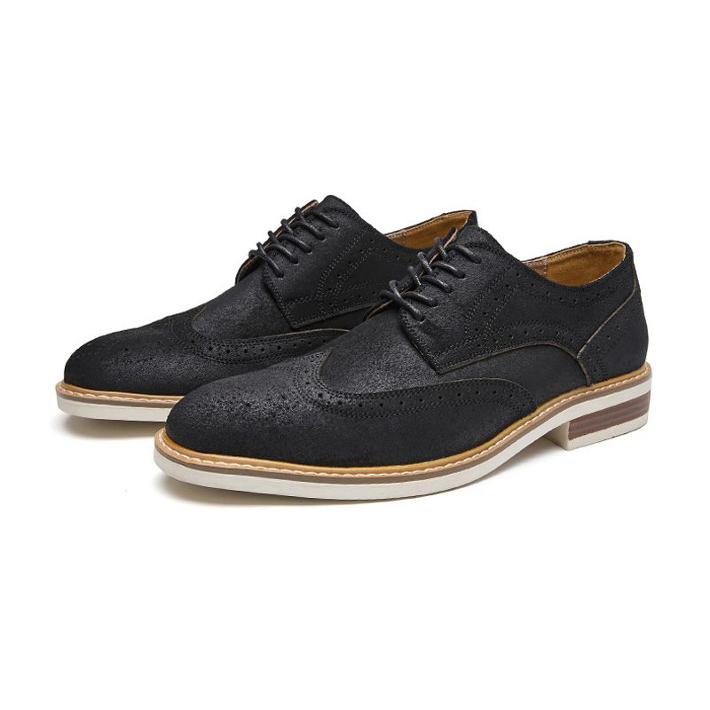 Sapatos Sociais Masculinos Brogue Camurça Couro Vaca Retrô Derby Redondos - Preto