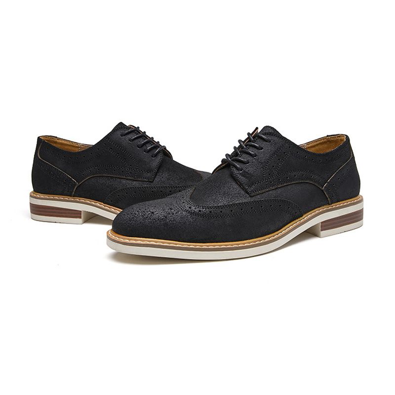 Sapatos Sociais Masculinos Brogue Camurça Couro Vaca Retrô Derby Redondos - Preto