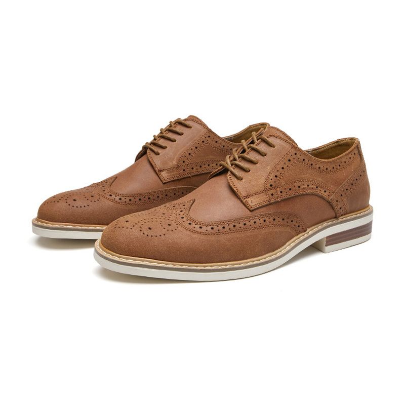 Sapatos Sociais Masculinos Brogue Camurça Couro Vaca Retrô Derby Redondos - Marrom