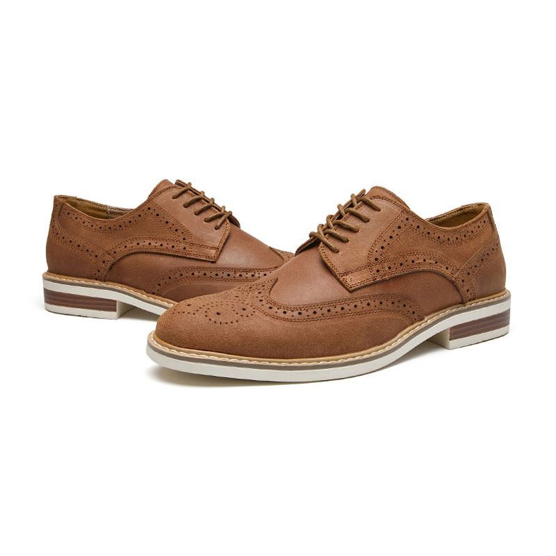 Sapatos Sociais Masculinos Brogue Camurça Couro Vaca Retrô Derby Redondos - Marrom