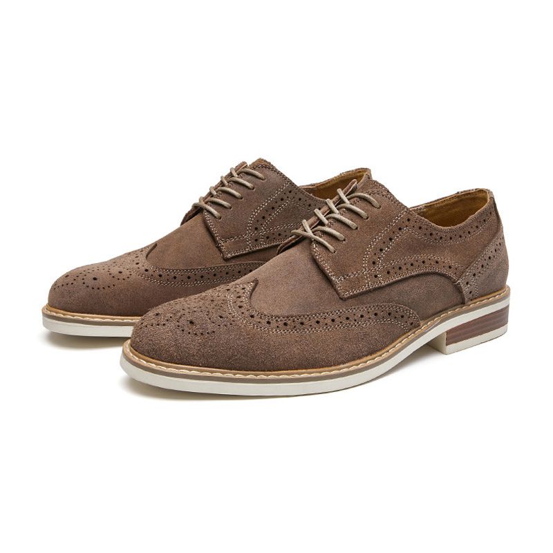 Sapatos Sociais Masculinos Brogue Camurça Couro Vaca Retrô Derby Redondos - Cinza