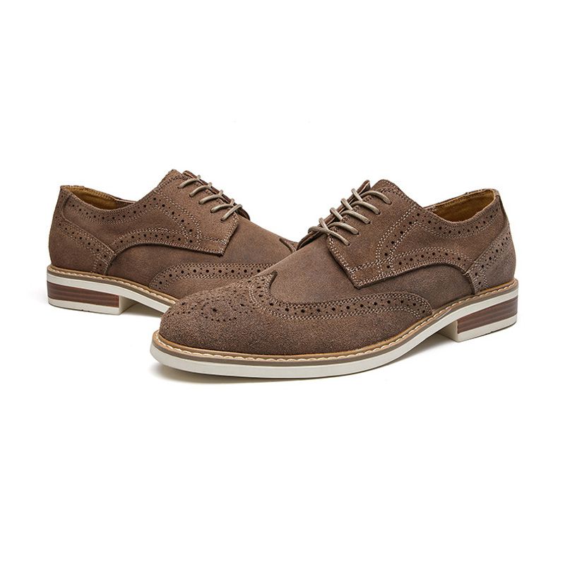 Sapatos Sociais Masculinos Brogue Camurça Couro Vaca Retrô Derby Redondos - Cinza