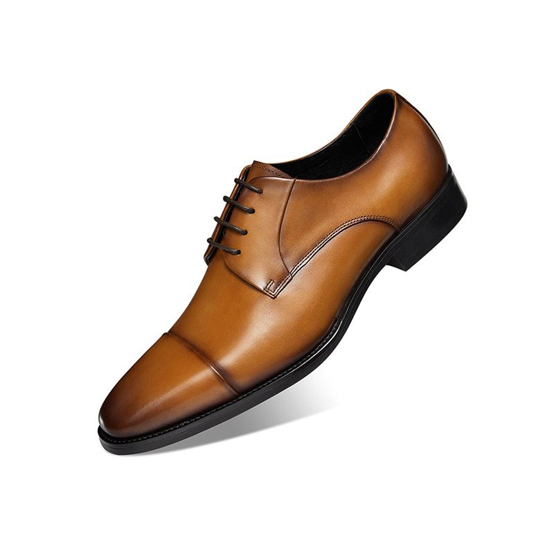 Sapatos Sociais Masculinos Com Bico Redondo Couro Vaca Cordões E Derby 4 Ilhós - Amarelo