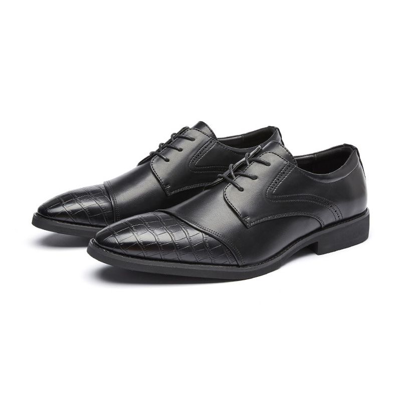 Sapatos Sociais Masculinos Derby Com Cadarço Pu Sola Macia Bico Fino Padrão Jacaré - Preto