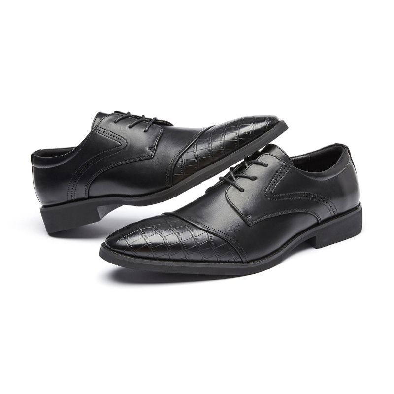 Sapatos Sociais Masculinos Derby Com Cadarço Pu Sola Macia Bico Fino Padrão Jacaré - Preto