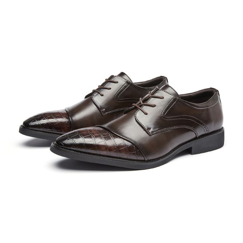 Sapatos Sociais Masculinos Derby Com Cadarço Pu Sola Macia Bico Fino Padrão Jacaré - Marrom