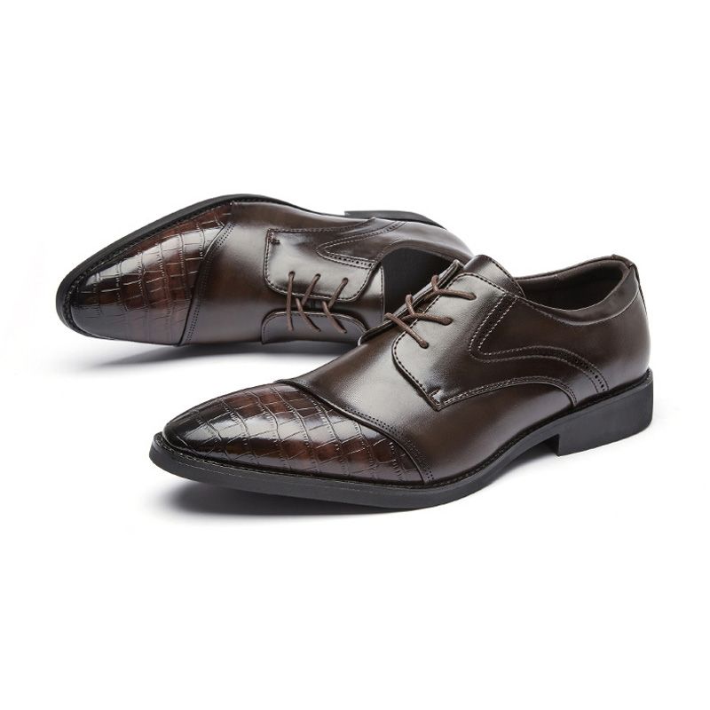 Sapatos Sociais Masculinos Derby Com Cadarço Pu Sola Macia Bico Fino Padrão Jacaré - Marrom