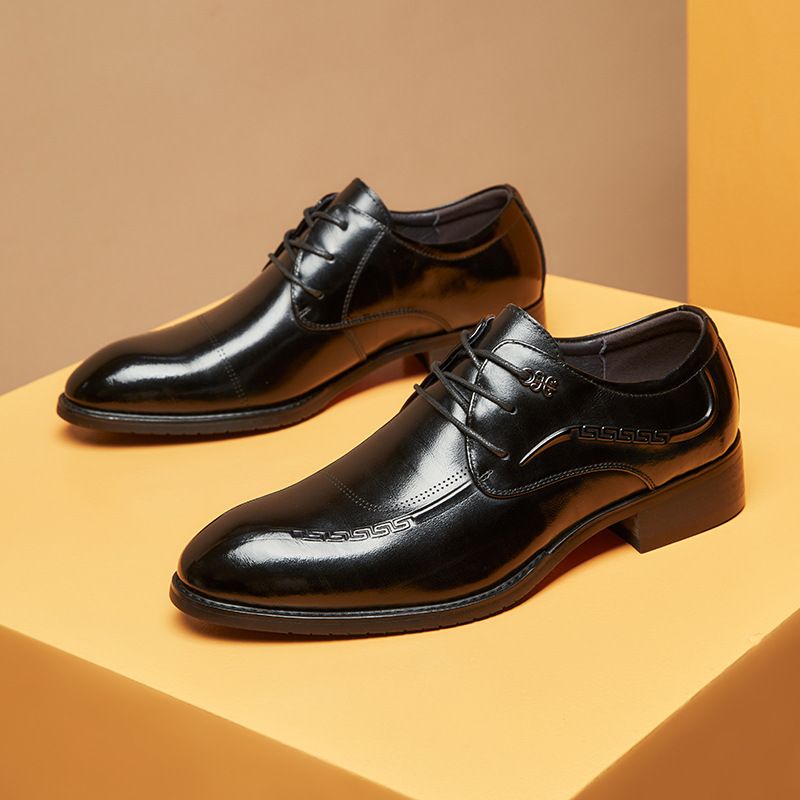 Sapatos Sociais Masculinos Derby Couro Vaca Bico Fino Respirável Com Cadarço E 3 Ilhós - Preto