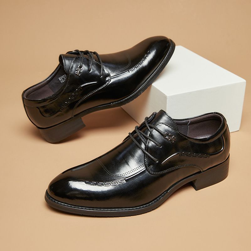 Sapatos Sociais Masculinos Derby Couro Vaca Bico Fino Respirável Com Cadarço E 3 Ilhós - Preto