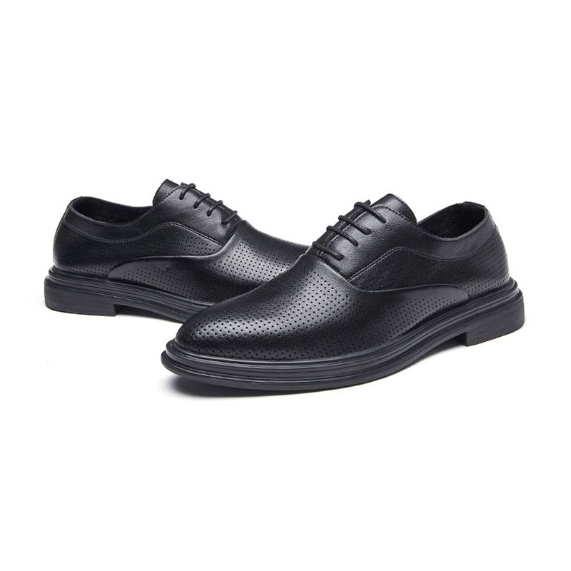 Sapatos Sociais Masculinos Oxford Couro Vaca Respirável Bico Fino Com Cadarço E 3 Ilhós - Preto