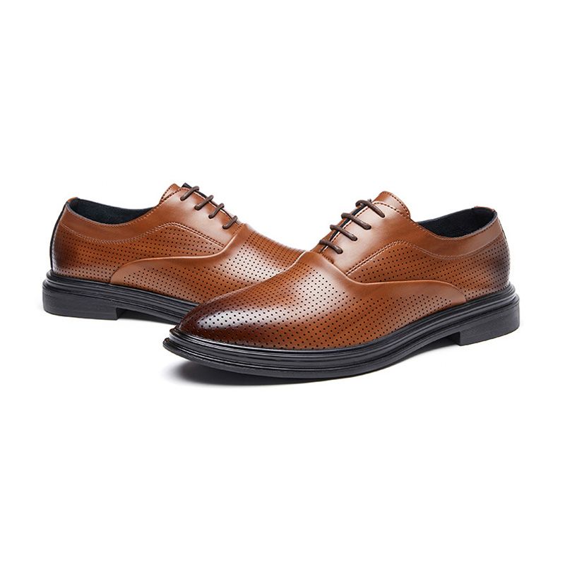 Sapatos Sociais Masculinos Oxford Couro Vaca Respirável Bico Fino Com Cadarço E 3 Ilhós - Marrom