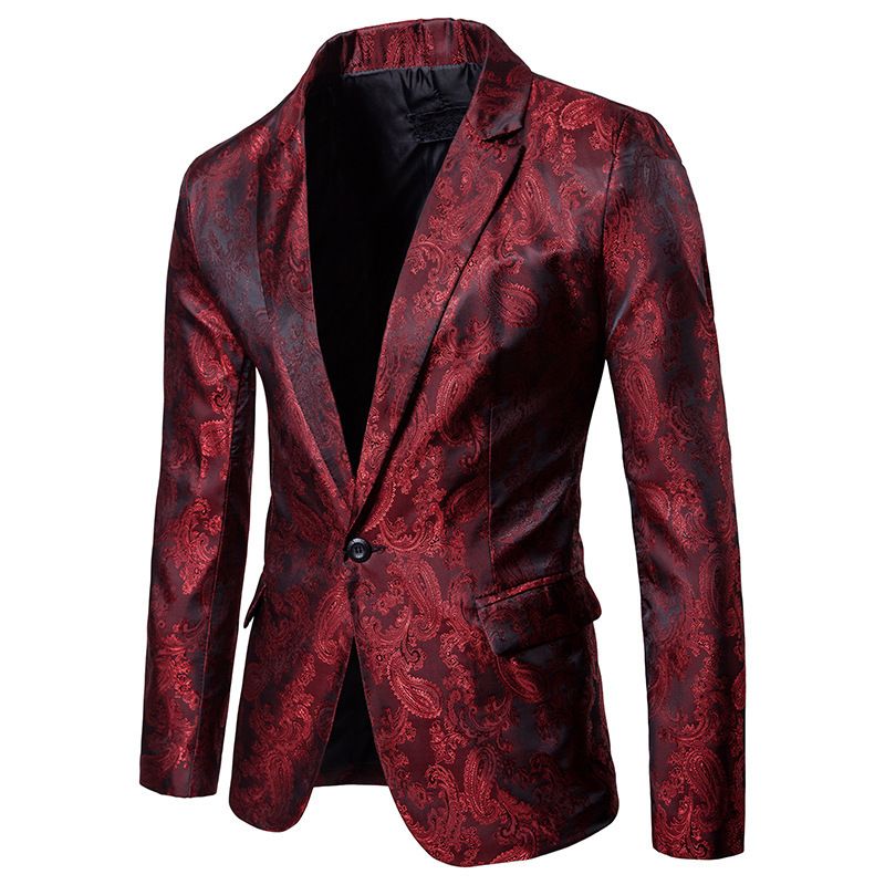 Terno Masculino 2 Peças Um Botão Padrão Floral Brilhante Lapela Slim - Vermelho