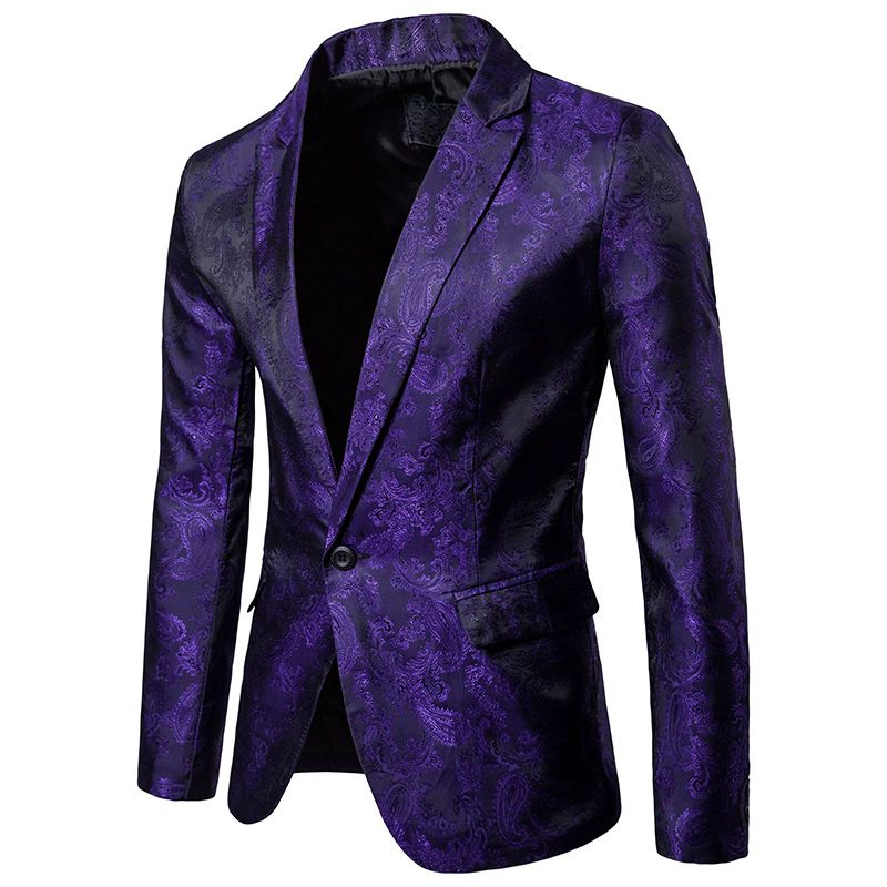 Terno Masculino 2 Peças Um Botão Padrão Floral Brilhante Lapela Slim - Roxo