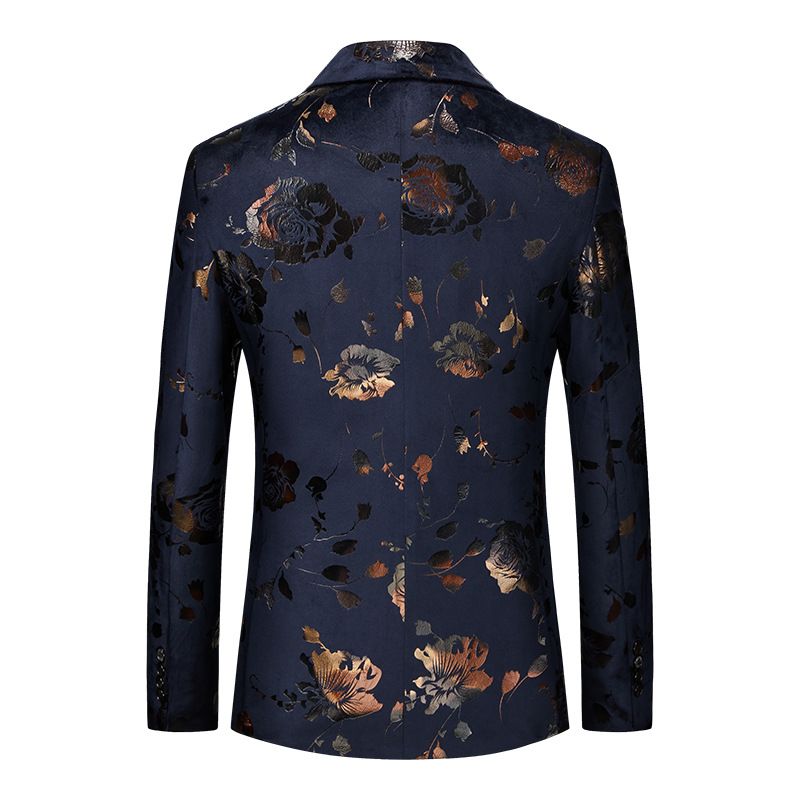 Terno Masculino 3 Peças Com Estampa Floral Duplo Breasted Vestido Formal Slim Rosa Padrão - Azul Escuro