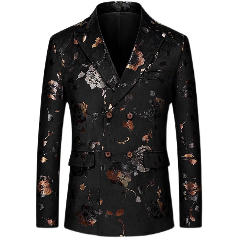 Terno Masculino 3 Peças Com Estampa Floral Duplo Breasted Vestido Formal Slim Rosa Padrão - Preto