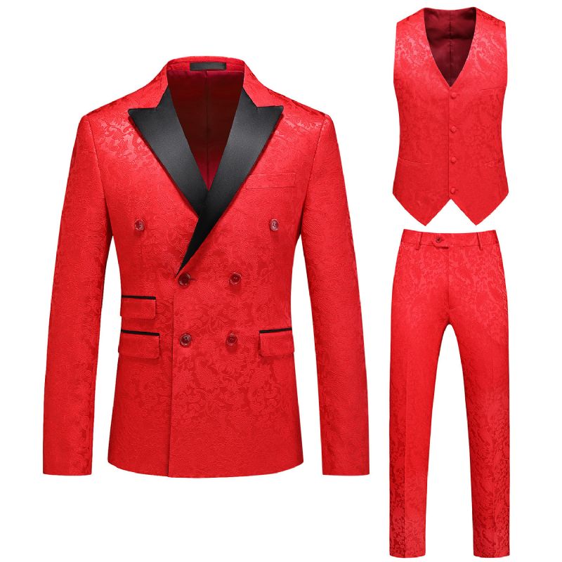 Terno Masculino 3 Peças Com Gola Plana Dupla Breasted Vestido Formal Jacquard Casamento Tamanho Grande - Vermelho