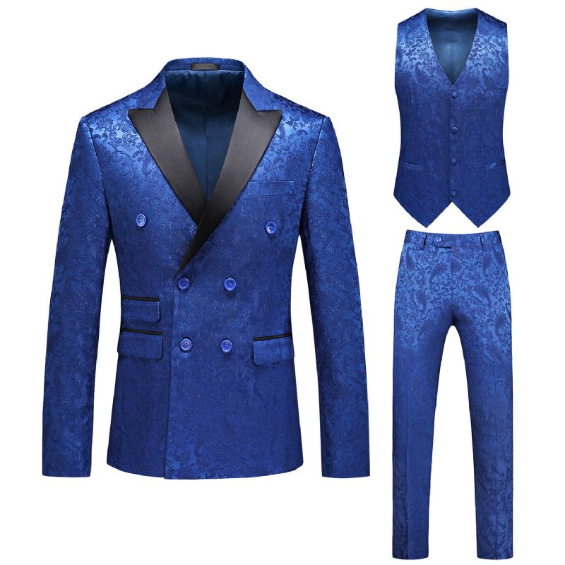 Terno Masculino 3 Peças Com Gola Plana Dupla Breasted Vestido Formal Jacquard Casamento Tamanho Grande - Azul