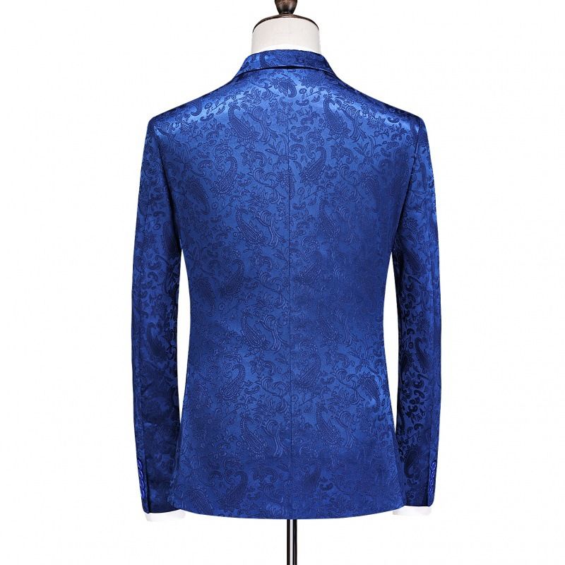 Terno Masculino 3 Peças Com Gola Plana Dupla Breasted Vestido Formal Jacquard Casamento Tamanho Grande - Azul