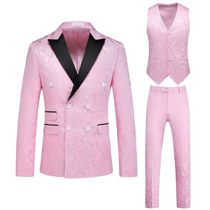 Terno Masculino 3 Peças Com Gola Plana Dupla Breasted Vestido Formal Jacquard Casamento Tamanho Grande - Rosa