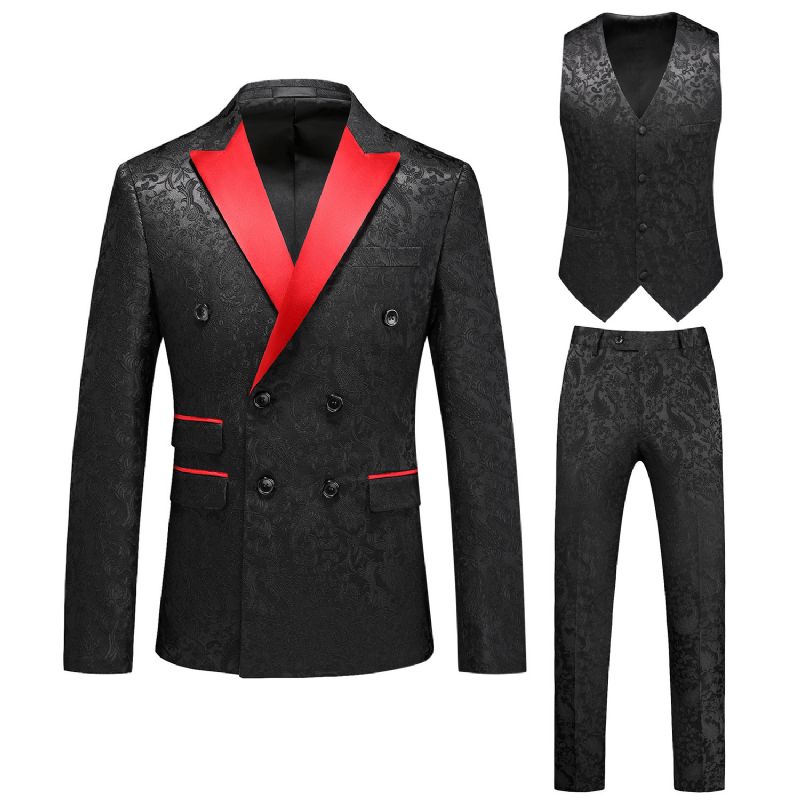 Terno Masculino 3 Peças Com Gola Plana Dupla Breasted Vestido Formal Jacquard Casamento Tamanho Grande - Preto