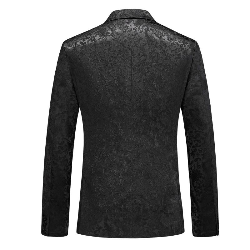 Terno Masculino 3 Peças Com Gola Plana Dupla Breasted Vestido Formal Jacquard Casamento Tamanho Grande - Preto