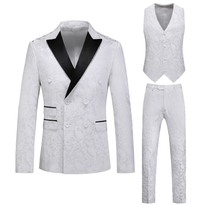 Terno Masculino 3 Peças Com Gola Plana Dupla Breasted Vestido Formal Jacquard Casamento Tamanho Grande - Branco