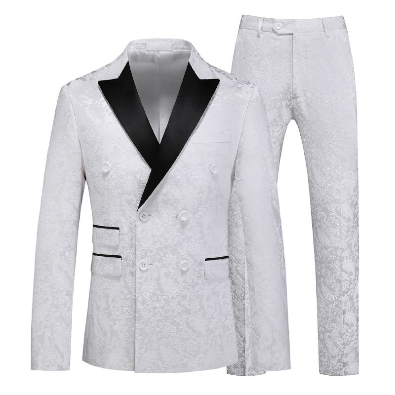 Terno Masculino 3 Peças Com Gola Plana Dupla Breasted Vestido Formal Jacquard Casamento Tamanho Grande - Branco