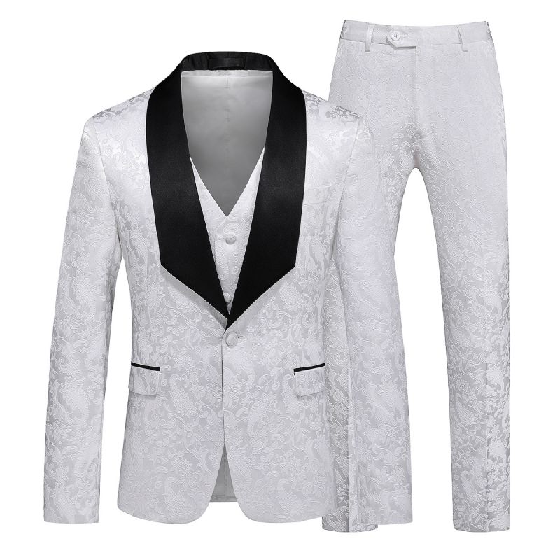 Terno Masculino 3 Peças Com Gola Xale Fino Um Botão Floral Padrão Vestido Formal Casamento - Branco