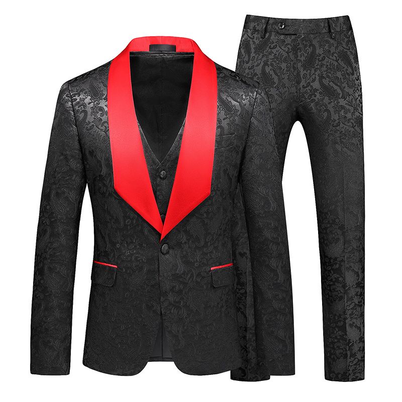 Terno Masculino 3 Peças Com Gola Xale Fino Um Botão Floral Padrão Vestido Formal Casamento - Preto